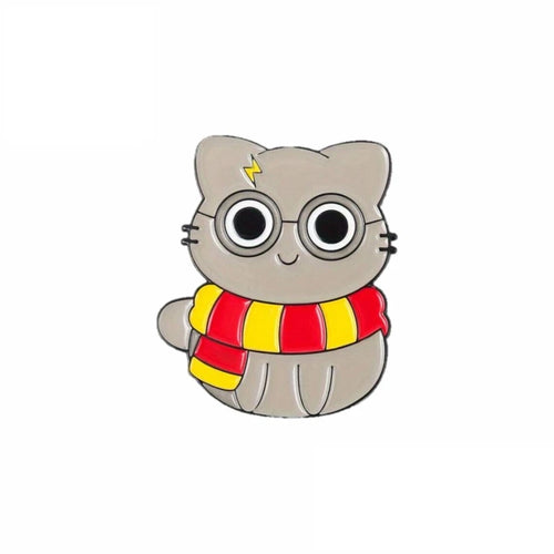 Crookshanks from Harry Potter Cat-shaped pin with glasses and a red and yellow scarf on a white background