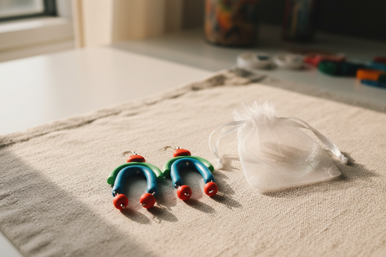 Rainbow polymer clay dangly earrings lifestyle shot with organza gift bag