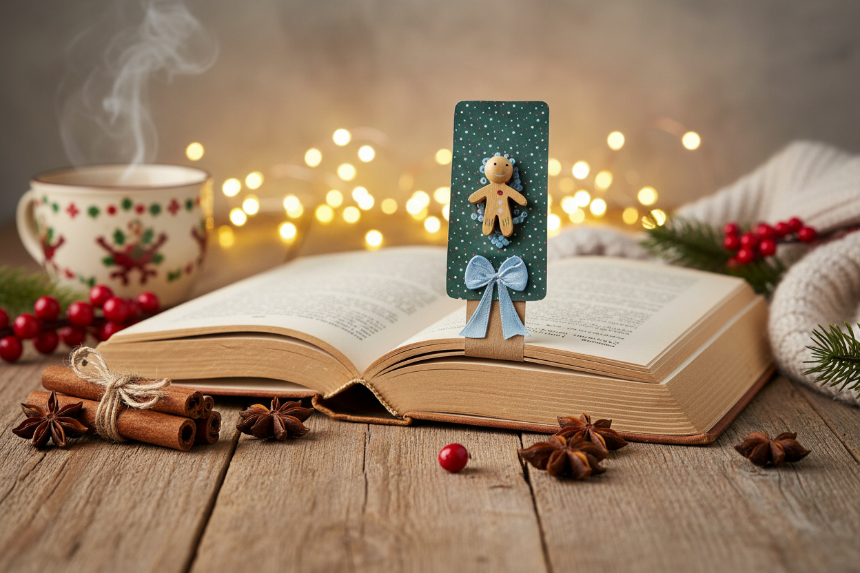 Handmade Christmas gingerbread man wooden bookmark number 5 tucked into open book with cinnamon sticks and fairy lights