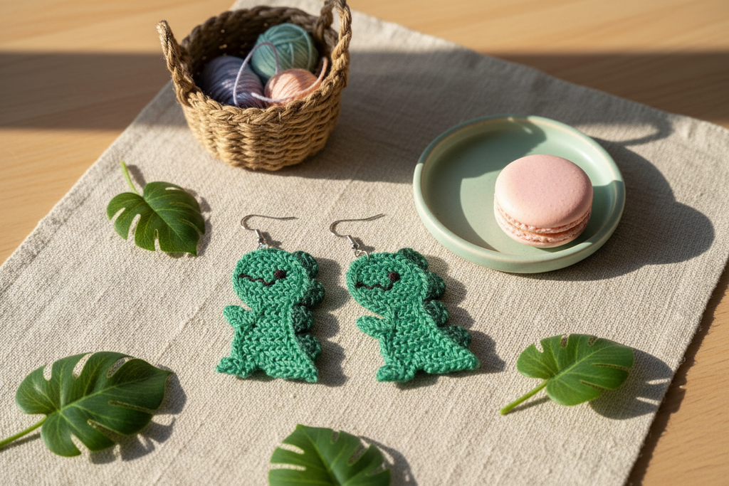 Handmade colourful crochet dinosaur dangly earrings styled with tropical leaves and natural light