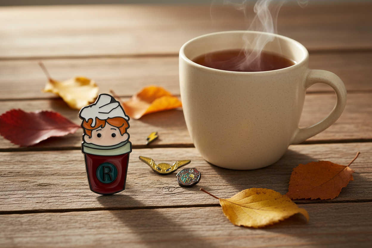 Ron Weasley brooch styled on a rustic wooden surface with a cosy cup of tea and autumn leaves