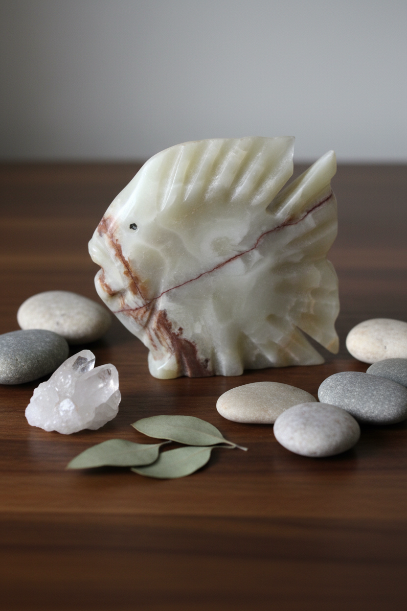 Vintage onyx fish figurine paperweight styled on a dark walnut surface with natural stone pebbles and crystal quartz – collectable ornament by Tadley Crafts