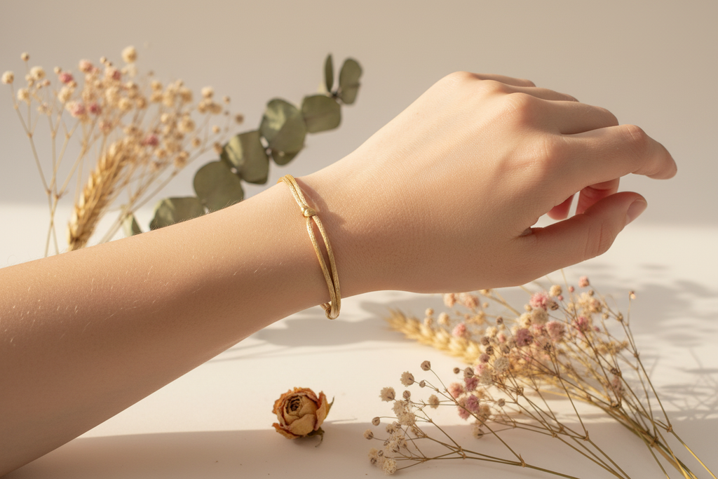 Handmade cream waxed cord friendship bracelet worn on a wrist with dried flowers and soft neutral background