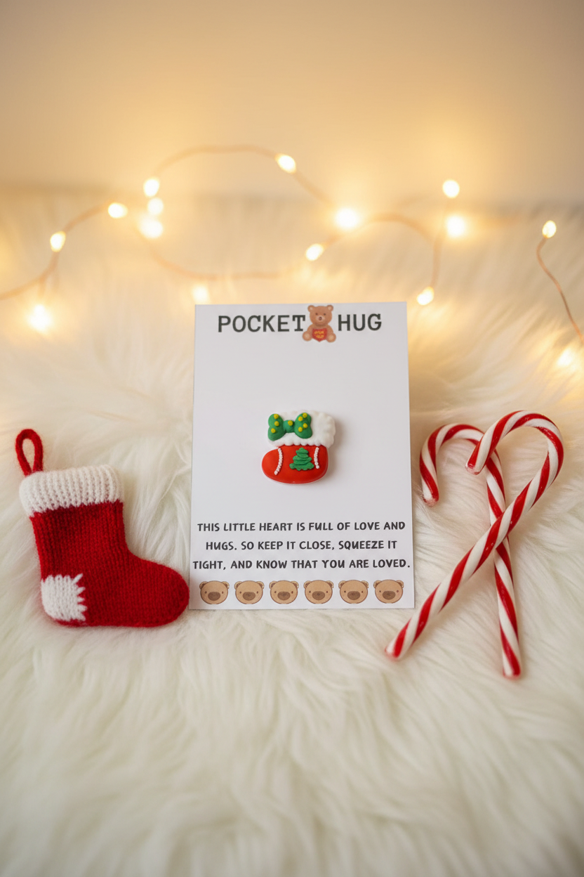 Handmade Christmas stocking pocket hug card styled in a cosy festive scene with candy canes and fairy lights – stocking filler gift by Tadley Crafts