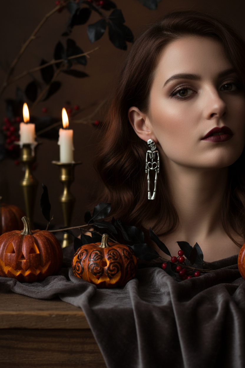 Skeleton dangly earrings styled in a moody Halloween setting – handmade jewellery UK