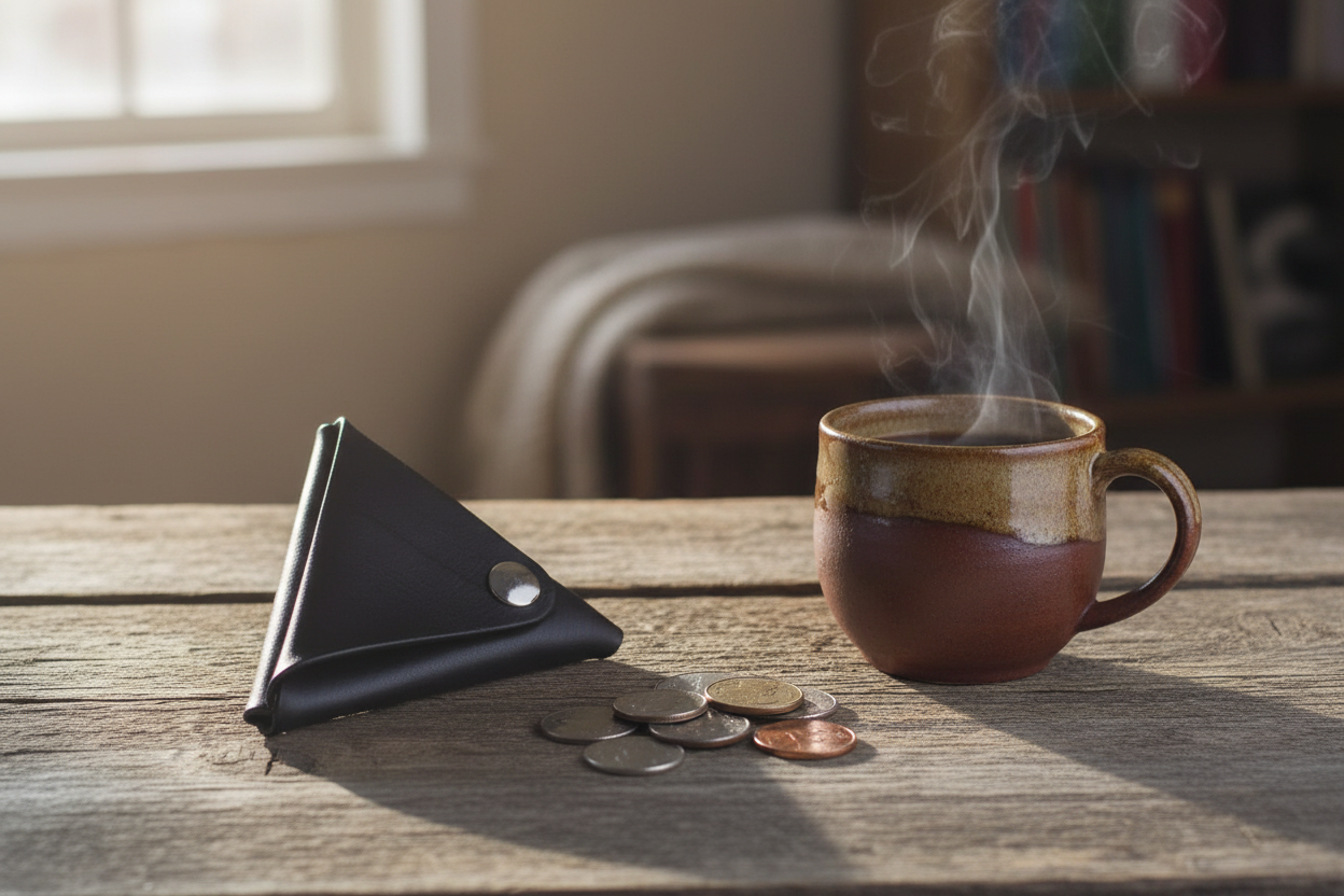 Black leather triangle coin purse styled on a rustic wooden surface