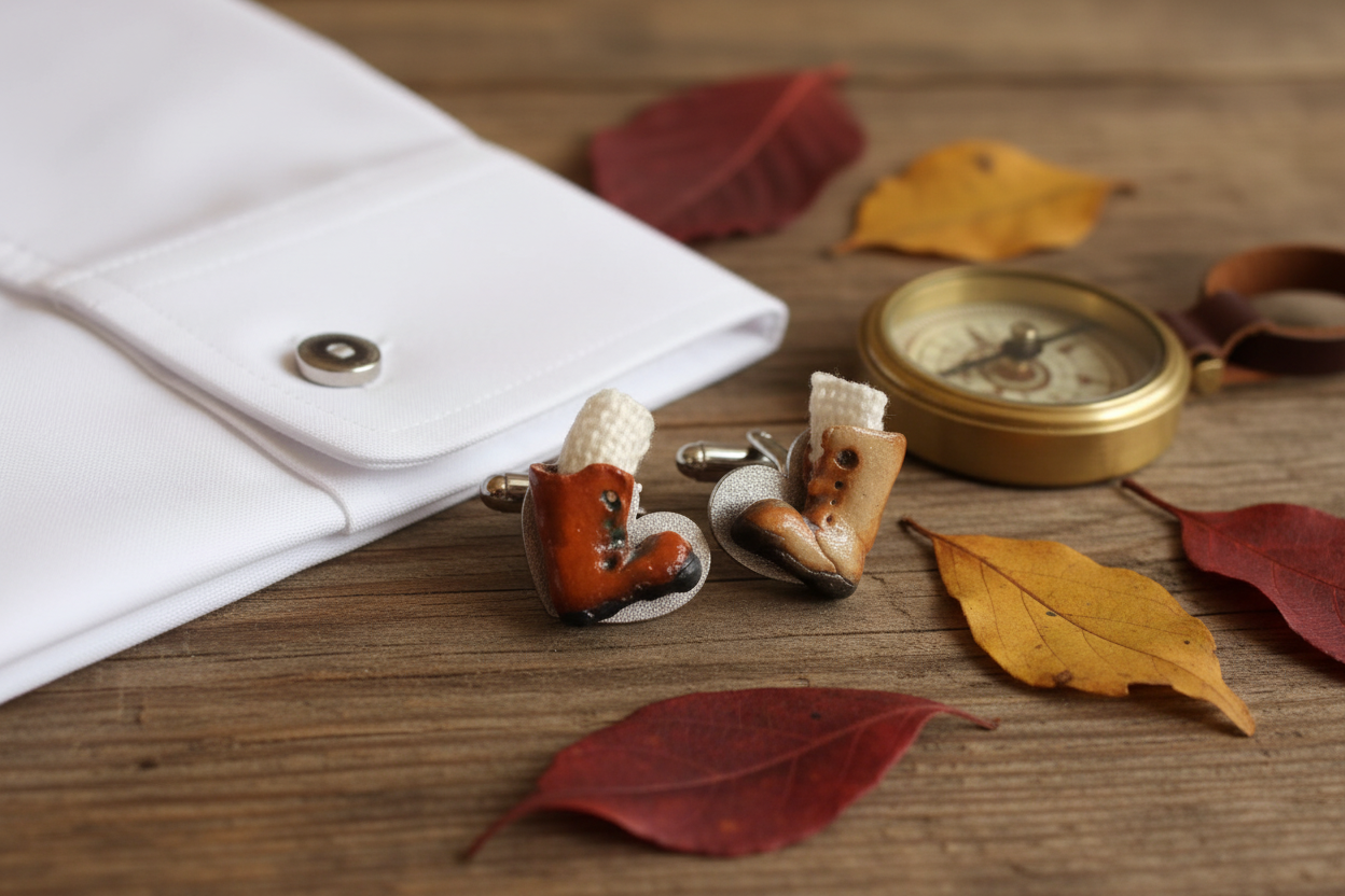 Walking boot cufflinks styled on a rustic wooden surface with a shirt cuff, compass and autumn leaves
