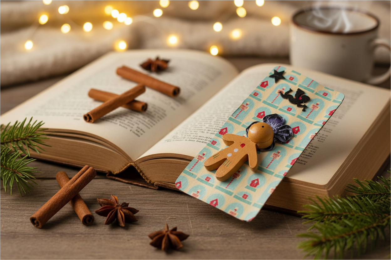 Handmade Christmas gingerbread man wooden bookmark styled on open book with cinnamon sticks and fairy lights