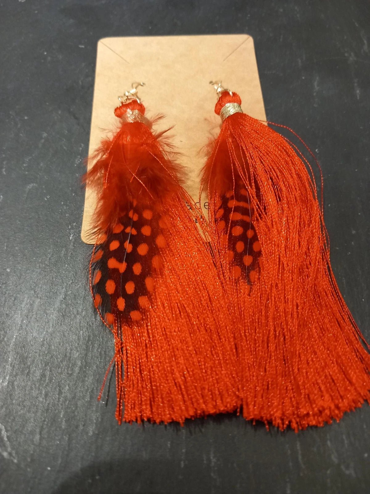 Red feather tassel Earrings dangly earrings Handmade OOAK - Tadley crafts