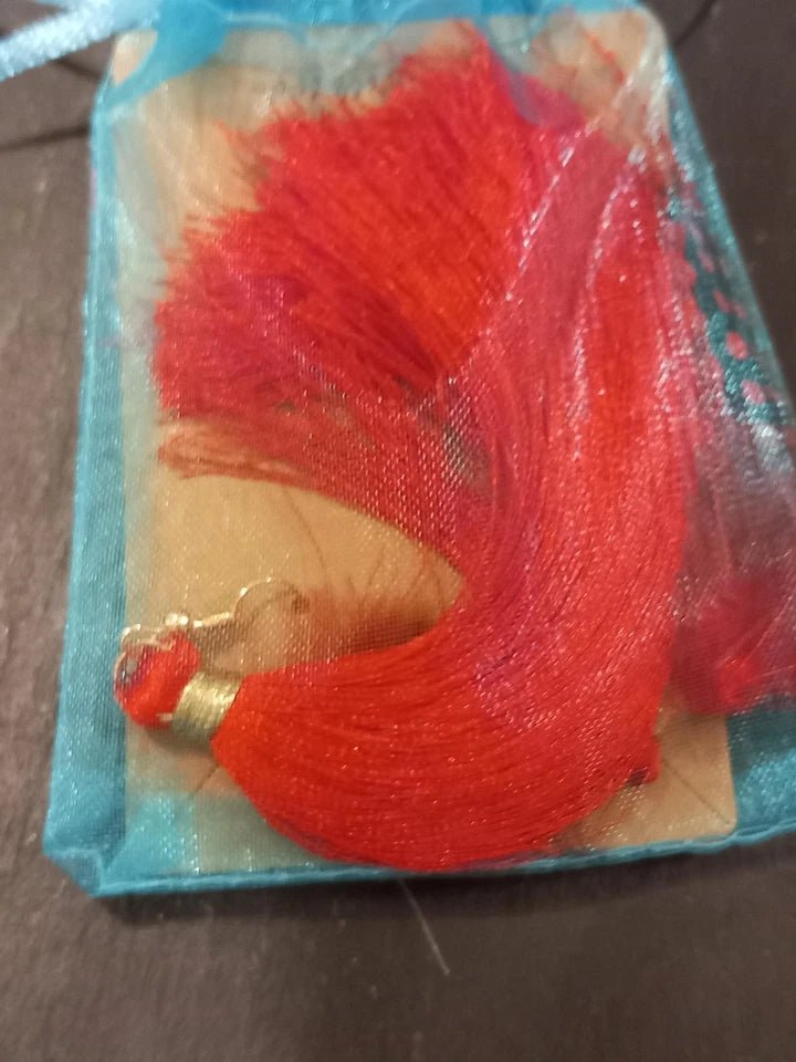 Red feather tassel Earrings dangly earrings Handmade OOAK - Tadley crafts