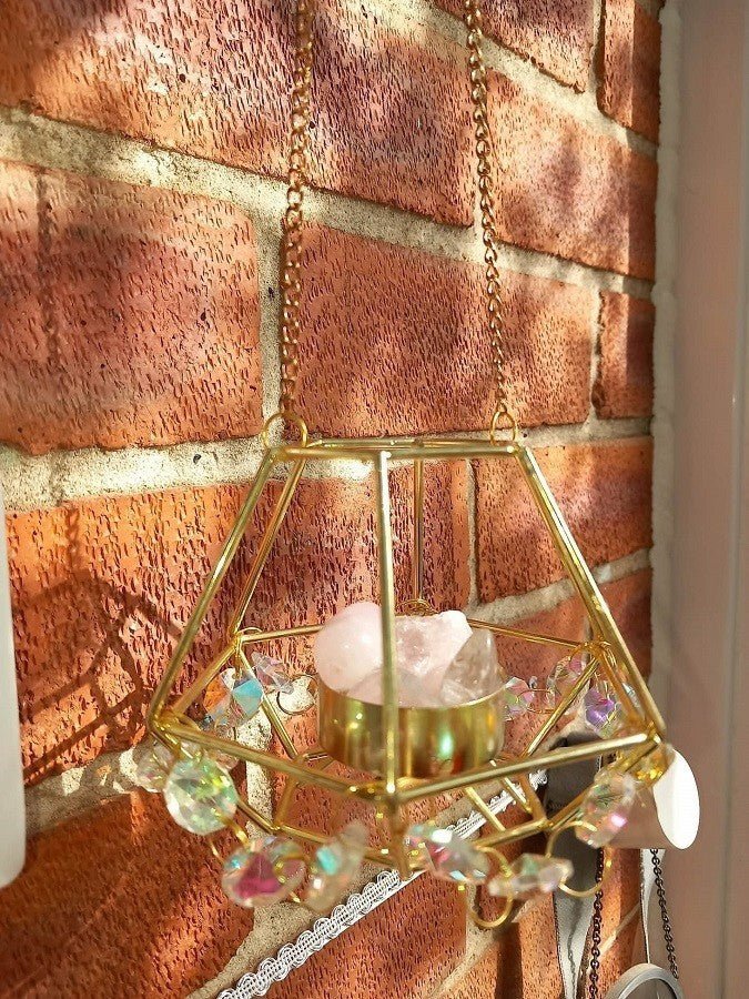 Rose Quartz Crystal Hexagonal Golden Wired Suncatcher glass Beads Brand New - Tadley crafts