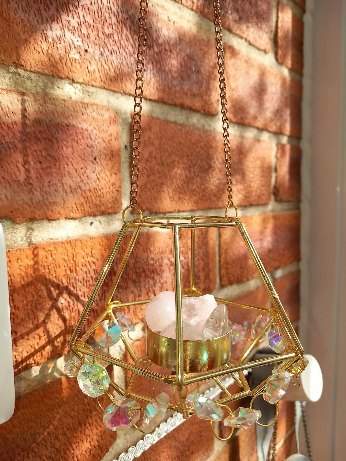 Rose Quartz Crystal Hexagonal Golden Wired Suncatcher glass Beads Brand New - Tadley crafts