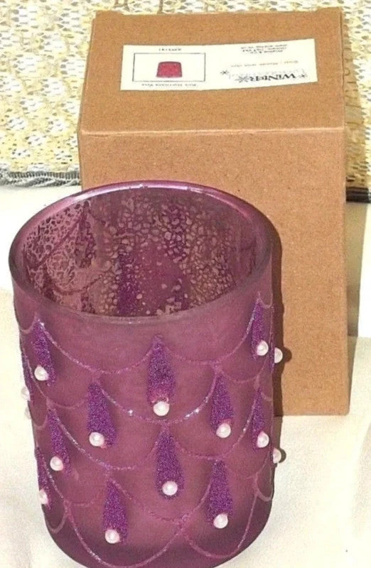 Pink Glass Hurricane Candle Holder | 12cm | Pearl Bead Detail | Boxed
